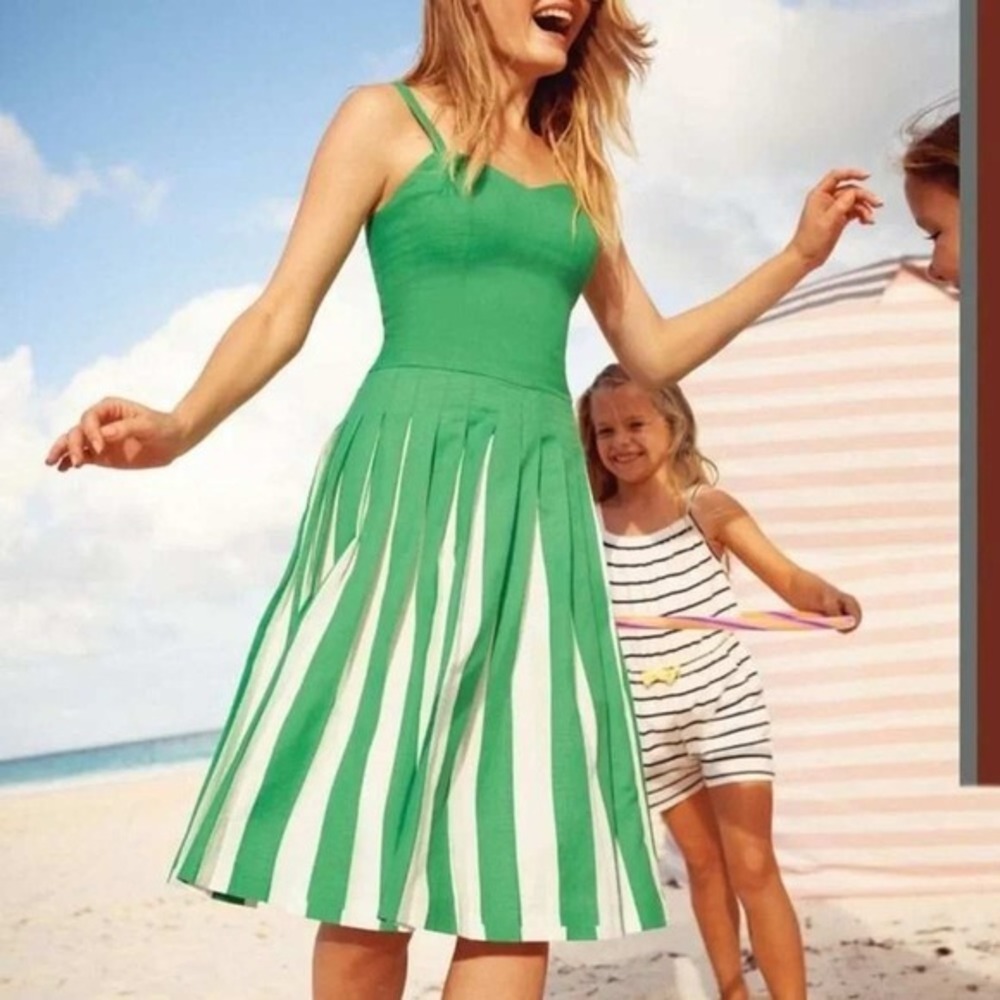 Boden Matilda Pleated Dress 4P Kelly Green Linen Cotton Twee Mod Collegiate Prep
